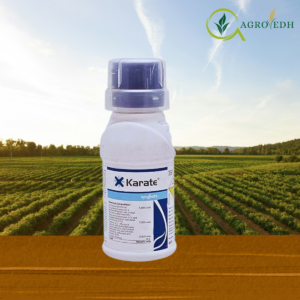 Karate insecticide bottle containing Lambda-cyhalothrin 5 percent EC for control of bollworms, aphids, thrips and stem borers in crops