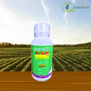Biostadt Stop Insecticide Alphamethrin 10 EC packaging bottle for pest control in cotton and vegetable crops